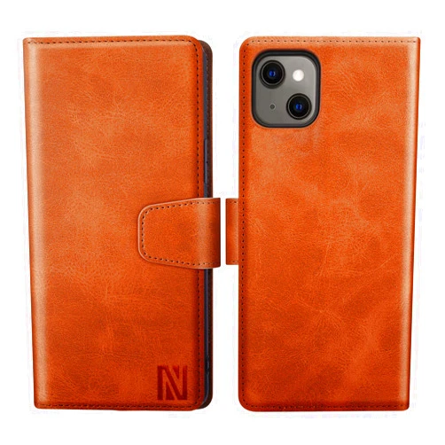 ANERNAI for iPhone 14 Plus Wallet Case, PU Leather Flip Folio Shockproof Case with RFID Blocking Card Holders (Light Brown)