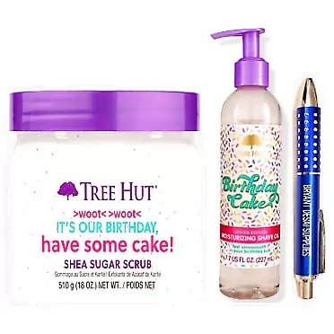 Tree Hut Birthday Cake Moisturizing Shave Oil, 7.7 fl oz and Tree Hut Birthday Cake Shea Sugar Body Scrub, 18oz, Packaged with BRYANT DESAI SUPPLIES PEN