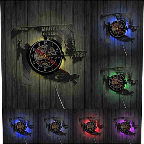 PIZADA Old Line State Maryland Hunter Terrapin Wall Art Home State Wall Clock USA Annapolis Vinyl Record Wall Clock Vintage Wall Watch with LED, Black