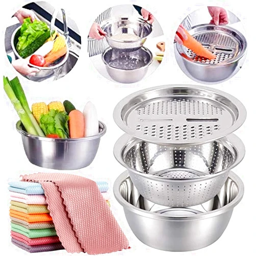 KYAOBEY Germany Multifunctional Stainless Steel Basin, 4 in 1 cheese cutter strainer with bowl, kitchen must haves 2024 drainer basket, welldupo fruit strainer bowl (26cm/10.24in)