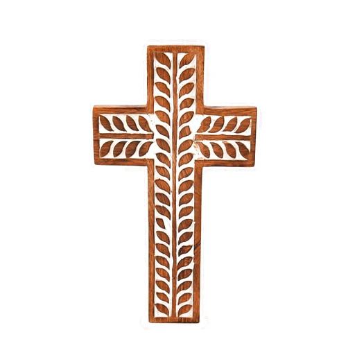 NIRMAN Mango Wood Religious Catholic Cross Wall Hanging Floral Carvings Living Room Home Décor for Entryway Office Living Room (10