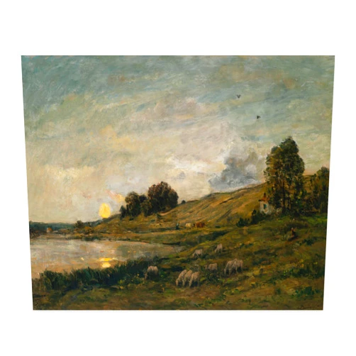 CLOUD NINE PRINTS - Flock of Sheep Art, Vintage River Landscape Print - Dark Farmhouse Wall Art, French Country Lake Decor, Serene Sunset Art (Unframed 11x14 Inch)