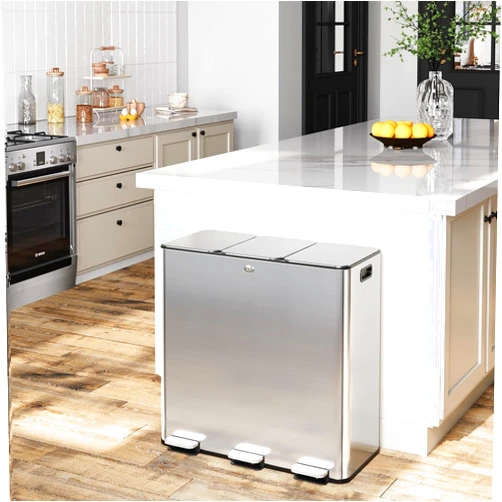 GarveeHome Trash Can 90L/23.8Gal, Three Compartments Pedal Kitchen Recyclingtrash Bin with Lids,Stainless Steel Garbage Can for Home Office Restaurant School Hospital