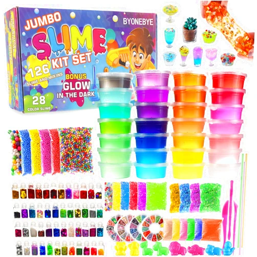 BYONEBYE 126 Pcs DIY Slime Making Kit for Girls Boys - Birthday Idea for Kids Age 5+. Ultimate Slime Supplies Include 28 Crystal Slime, 2 Glow in The Dark Powder, 48 Bottle Glitter Jar etc.