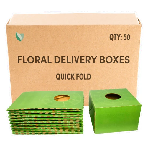 Holiday Designs - Pop-Up Florist Delivery Box, Corrugated Cardboard Vase Boxes for Secure Floral Arrangements During Transport (Green, Large - 50 Count)