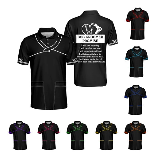 MoonArt Personalized Dog Grooming 3D Polo Shirt Custom Spa Cute Pet Grooming Summer Uniform Polo Shirt for Men