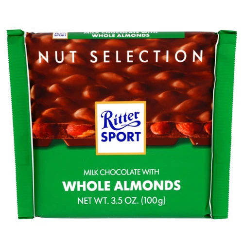 Ritter Sport Milk Chocolate With Whole Almonds Bar, All Natural, 3.5 Ounces (Pack Of 11)