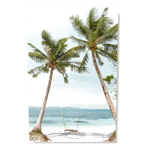 Cozy country Beach Coastal Canvas Wall Art: Seaside Palm Tree Painting Seascape Swing Hanging on Coconut Trees Picture Light Blue Seawater Ocean Artwork Decor for Living Room Bathroom 16