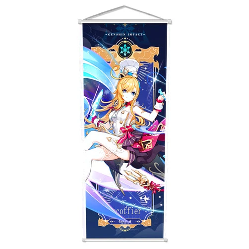 Rainteam Anime Poster Game Hanging Wall Art Artistic Canvas Genshin Character Posters with Rods for Living Room Bedroom Decor(29.5 inch x 11 inch) (Escoffier)