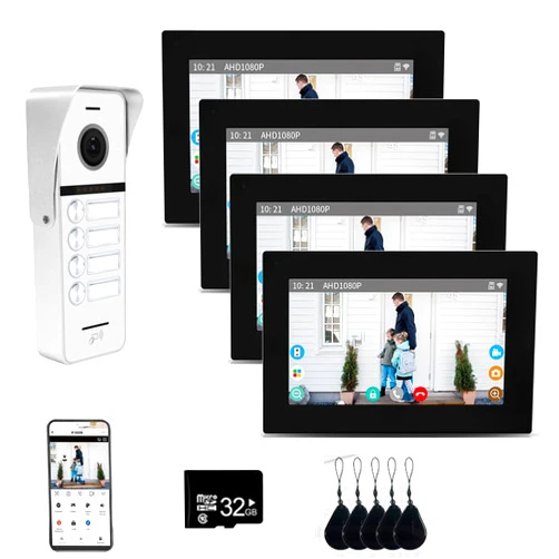 ANJIELO SMART Wired Apartment Video Doorbell System 4 Units 7 Inch Touch Monitor Video Doorbell System,Wireless Video Door Phone Kit, Indoor Outdoor Support Monitoring,Unlocking,Dual Way Intercom for Home Vally
