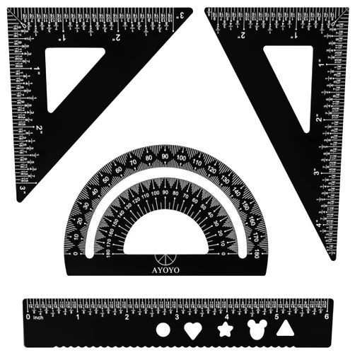 AYOYO Portable Metal Geometry kit Set 4 Pack Black 6 inch 15 cm Ruler Aluminum Triangle Ruler Centimeters Millimeter and inches Protractor Drafting for Measurements and Angles Drafting Set