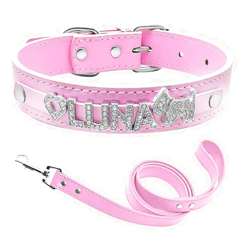 Senristar Personalized PU Leather Dog Collar with Bling Name,Custom Sparkling Rhinestone Name Dog Collar and Leash Set for Small Medium and Large Dogs(XS,Pink Set)