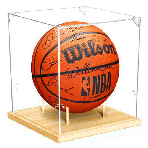 KKU KUU Basketball Display Case, Acrylic Clear Full Size Basketball Case Display with Solid Wood Base,UV Protected Basketball Display Stand for Autographed Standard NBA WNBA Ball Memorabilia Keepsake