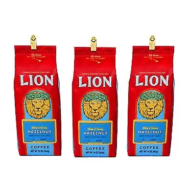 Lion Coffee, Hazelnut Flavor, Light Roast, Ground, 10 Ounce Bag (Pack of Three) 30 Ounce (Pack of 3)