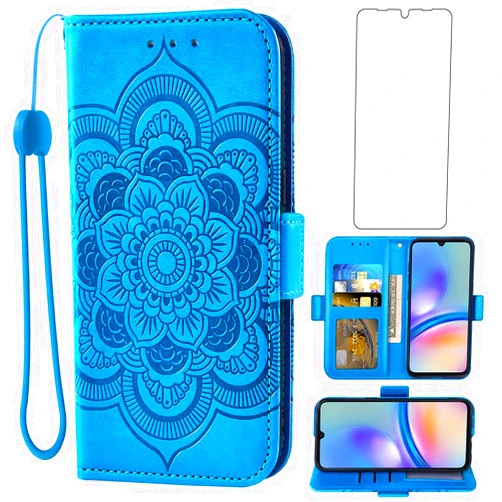 Asuwish Phone Case for Samsung Galaxy A05s/A05 Wallet Cover with Tempered Glass Screen Protector and Leather Flip Credit Card Holder Stand Wrist Strap Cell Accessories Ao5s Ao5 A 05s 05 Women Men Blue