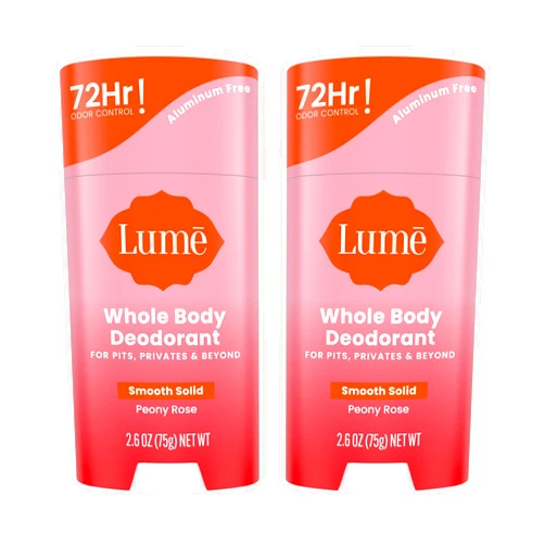 Lume Whole Body Deodorant - Smooth Solid Stick - 72 Hour Odor Control - Aluminum Free, Baking Soda Free and Skin Safe - 2.6 Ounce (Pack of 2) (Peony Rose)