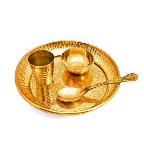SATVIK STORE Satvik Brass 4 Pc Bhog Thali Set for Laddu Gopal with Glass, Bowl and Pooja Spoon for Home and Temple Kanha Ji Bhog Plate Set (Large)