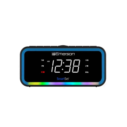 Emerson CKS1401 Smartset AM/FM Dual Alarm Clock Radio with 0.9” White LED Display with 4-Level Dimmer Control, USB-C Charging, and 2-Level Multi-Color LED Decor