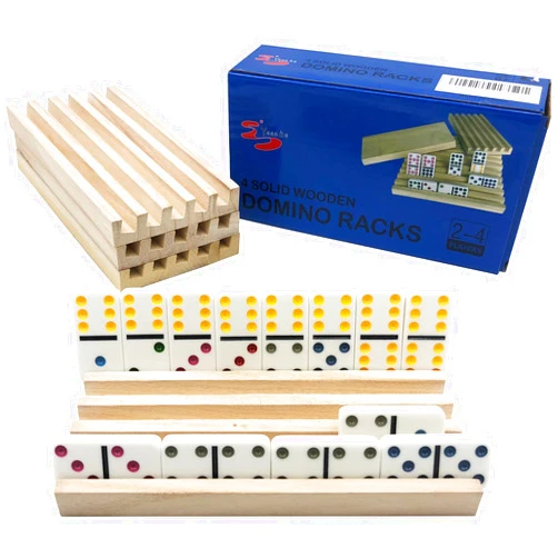 Yuanhe Domino Holder Trays Rack - Set of 4 Wooden Tiles Stand Holders for Mexican Train Rummy Chickenfoot