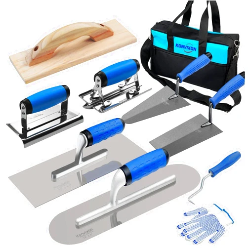 Konvixon 10PCS Concrete Trowel Set, Masonry Hand Tool Set Includes Large Flat Finishing and Pool Trowel, Wood Float, Concrete Edger and Groover, Margin Gauging, Wire Twister, Gloves & Carry Bag