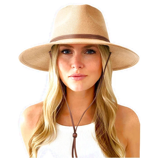 FURTALK Womens Summer Straw Sun Hats Wide Brim Panama Fedora Beach Hat with Wind Lanyard UPF 80+