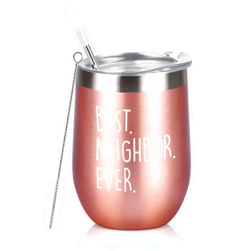 Qtencas Best Neighbor Ever Stainless Steel Wine Tumbler, Neighbor Gift Housewarming Gifts Farewell Gift for Neighbors, Moving Going Away, New Home Owner Friends, Neighbor Birthday Christmas Gift, 12oz