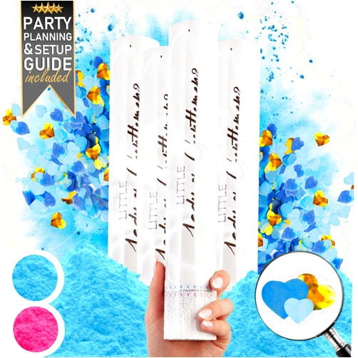 PRIMEPURE Gender Reveal Confetti Cannon - 4 Pack - Biodegradable Blue Gender Reveal Smoke Bombs and Heart Shaped Gender Reveal Cannons | Boy Gender Reveal Powder Cannon | Blue Gender Reveal Powder Poppers