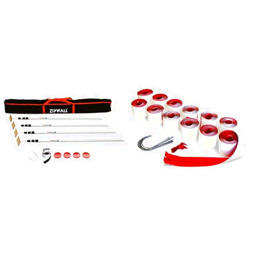 ZIPWALL SLP4 12 Foot Spring Loaded Dust Barrier Poles (Pack of 4), 4 Pack, Silver, 4 Count & HDAZ12 Heavy Duty Zipper, 12 Pack, Red, 12 Count