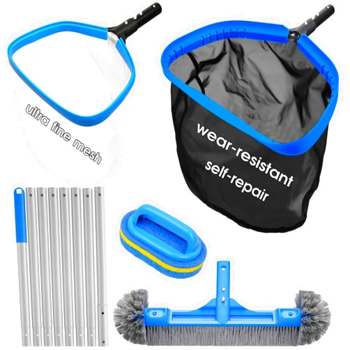 TidyMister All in One Pool Cleaning Kit - 18'' Repairable Pool Nylon Net & 18'' Detachable Round Brush & 11'' Fine Mesh Skimmer Net & 10 FT Aluminum Poles & Handy Scrubber for Water Line Cleaning