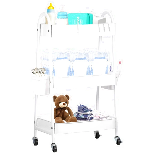 FOOK FISH Baby Diaper Caddy Cart Metal Nursery Storage Organizer 3-Tier Utility Rolling Cart Organizer for Baby Diapers and Baby Wipes Newborn Essentials Storage Cart