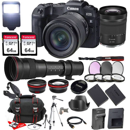 Canon EOS RP Mirrorless Camera w/RF 24-105mm f/4-7.1 is STM Lens + 420-800mm f/8.3 HD Manual Telephoto Lens + 2X 64GB Memory + Hood + Case + Filters + Tripod + More (35pc Bundle) (Renewed)
