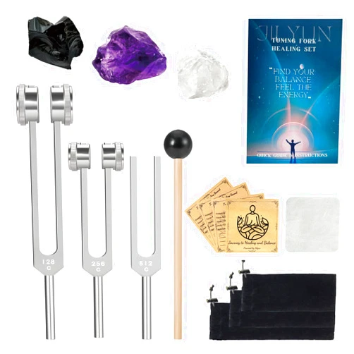 JILYUN Tuning Forks for Healing (128Hz, 256Hz, 512Hz)- Weighted & Unweighted Sound Healing Instruments for Yoga, Meditation & Chakra Balancing - with Obsidian, Amethyst & Clear Quartz Crystals, Gift Box