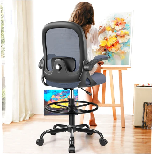 AtHope Drafting Chair, Tall Office Chair Ergonomic Standing Desk Chair,with Adjustable Footrest Ring, 3D Lumbar Support, Flip-up Armrests, Swivel Desk Stool for Drawing Working (Dark Gray)