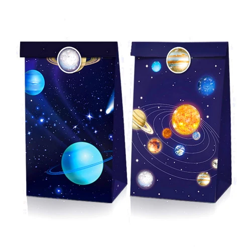 COSFAN 12 Pack Space Party Treat Bags, Planet Party Favor Goodie Bags, Space Themed Party Favor Bags, Solar System Themed Paper Bags, Candy Favor Bags, Birthday Party Gift Bags with Stickers