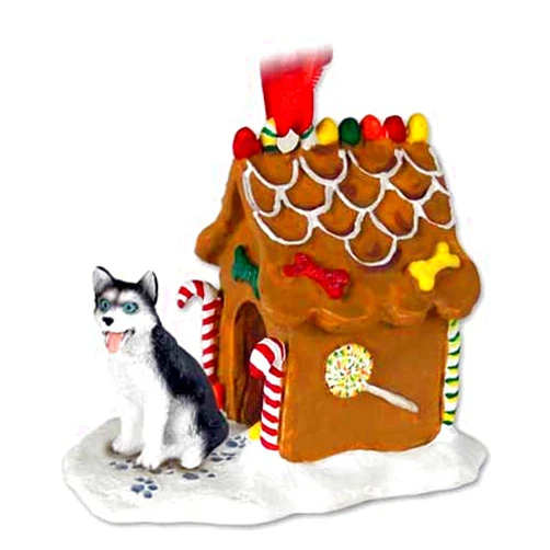 Conversation Concepts Siberian Husky Gingerbread House Christmas Ornament Black -White Blue Eyes - Delightful! - Resin