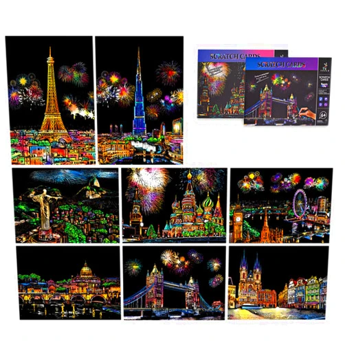 Niewalda Scratch Painting &Scratch Cards A4 for Kids & Adults, 8pcs Scratch Art for Adults Rainbow Paint by Scratch Paper, Engraving Art Set- (Beautiful City)