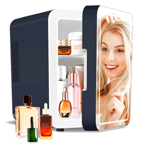 NISHCON Upgrade Skincare Fridge with Dimmable LED Light Mirror, 4L/6Can Cooler Warmer Mini Fridge for Skin care Cosmetic Makeup Beauty, Portable Mini Skincare Fridge for Bedroom Dorm Office Rv, Grey