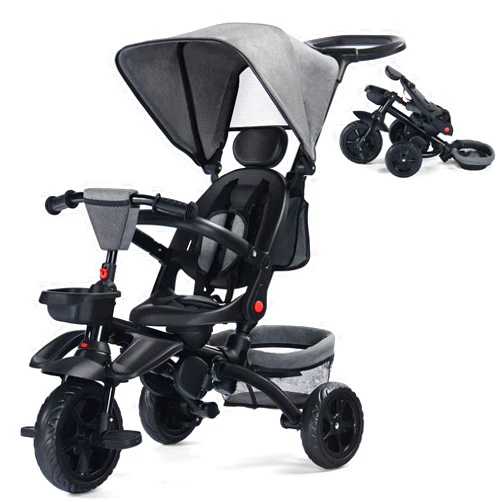 Kinder King Kids Tricycle, 7 in 1 Folding Toddler Trike w/Adjustable Push Handle, Rotatable Seat, Adjustable Canopy, Safety Harness, Storage, Toddler Stroller Bike for Age 6 Months+,Grey