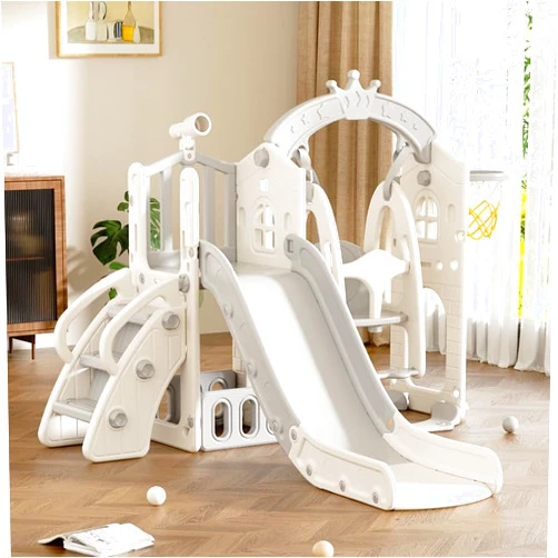 KORIMEFA 6 in 1 Toddler Slide and Swing Set for Toddler Age 1-3 Years, 4-in-1 Toddles Extra-Large Playset Playground Indoor and Outdoor Swing Slide Climber Playset w/Basketball Hoop, Gray