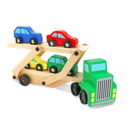 Melissa & Doug Car Carrier Truck and Cars Wooden Toy Set With 1 Truck and 4 Cars Wooden Vehicle Toys, Push And Go Trucks For Toddlers And Kids Ages 3+