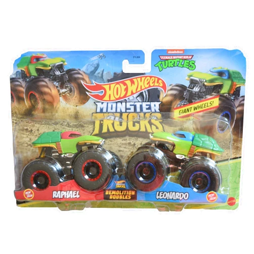 Hot Wheels Monster Trucks Raphael VS Leonardo, Demolition Doubles 1:64 Scale TMNT