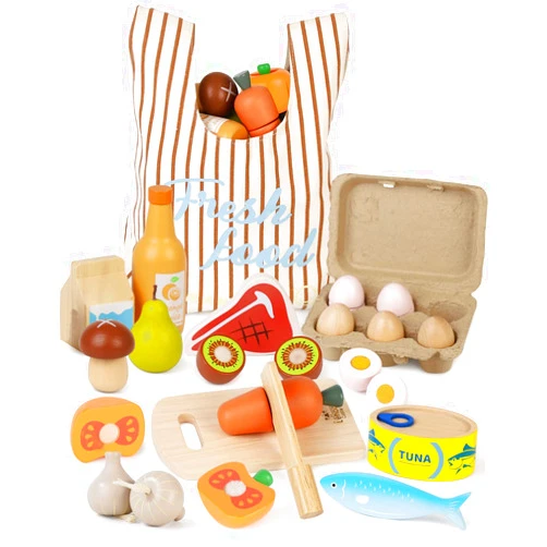 Lehoo Castle Wooden Play Food Sets for Kids Kitchen, Food Toys for Toddlers 3+ Year Old, with Shopping Bag, Pretend Food Play Kitchen Cutting Fruits Vegetables Toys, Gift for Boys Girls