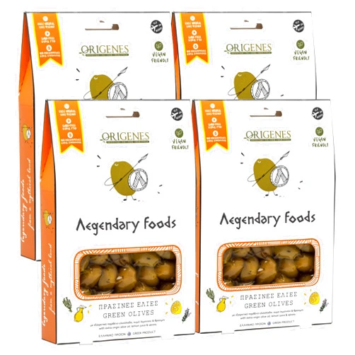 ORIGENES DEVOTED TO OUR HERITAGE Pack of 4 Green Olives in Vacuum Bag with Special Box, Marinated Olives in Savory Lemon Juice, Freshly Sealed Olives with Extra Virgin Oil 4X200g