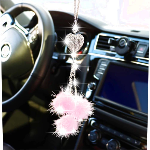 YIDEXIN Bling Car Mirror Accessories for Women £¦ Men Bling Love Heart and Pink Plush Ball Bling Rinestones Diamond Car Accessories Crystal Car Rear View Mirror Charms,Lucky Hanging Accessories