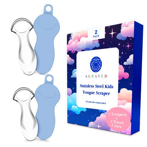 AURAVED TONGUE SCRAPER FOR KIDS Stainless steel tongue cleaner, Improves Oral hygiene Kid friendly design, Dual Pack convinience/Two cases included (BLUE/BLUE)