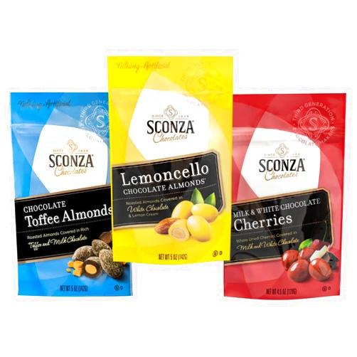 Sconza Candy Fan Favorite Mix Pack 3 Pack | Lemoncello Almonds Pack of 1 (5oz), Milk & White Chocolate Cherries Pack of 1 (4.5oz), Chocolate Toffee Almonds Pack of 1 (5oz)
