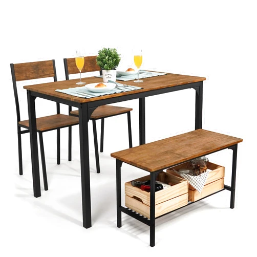 CAPHAUS 4 Pieces Dining Table Set for 4 w/Bench and Chairs, Modern Table Set for Dining Room, Home, Kitchen w/Storage Rack, Rectangle Table, Bench & Two Chairs, Space-Saving Dining Set, Teak Oak