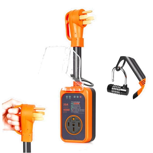 TURRIDU RV Surge Protector 50 Amp, Upgraded 16000 Joules Power Voltage Protector with Waterproof Cover & Anti-Theft Digital Lock, All-in-1 RV Circuit Analyzer with LED Indicators for Camper Trailer, Orange