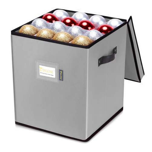 BALEINE Christmas Ornament Storage Box with Dividers, Premium Holiday Ornaments Storage Container Bin for Xmas Decorations (64 Ball, Grey, Without Tray)