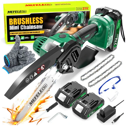 MEFELE Cln Mini Chainsaw Cordless 6 Inch, Battery Electric - 2 x 2000mAh Batteries, Handheld Chain Saw Powered, for Wood Cutting, Tree Trimming, Household, and Garden (Includes 2 Batteries and 2 Chains)